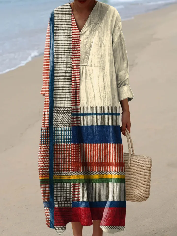 Mother's Day Gift❤️Cotton Linen Patchwork V-Neck Midi Dress