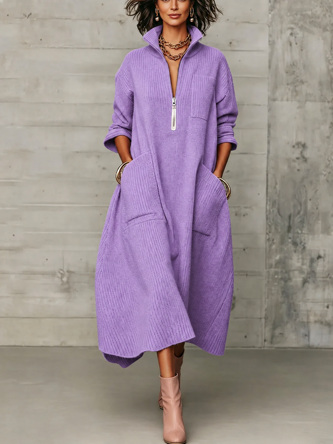Women Half Zip Stand Collar Maxi Dress, 3/4 Sleeve Loose Long Shirt Dress with Pockets