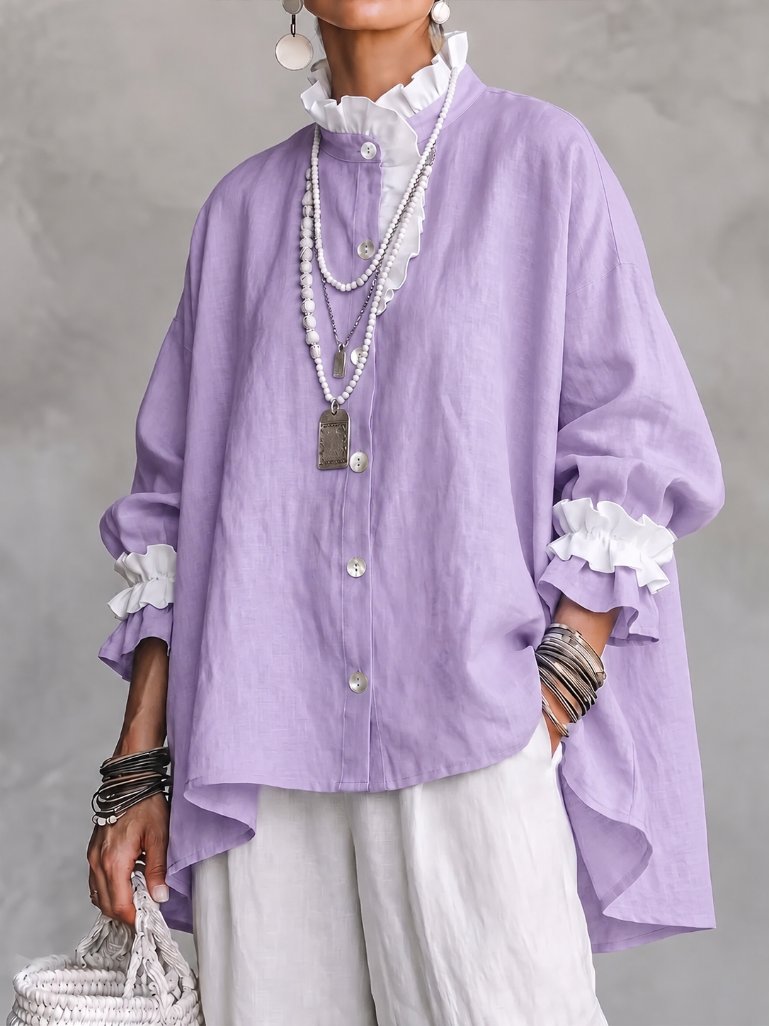 Women Ruffled Collar Linen Shirt, Long Sleeve Button Down Loose Oversized Blouse Top
