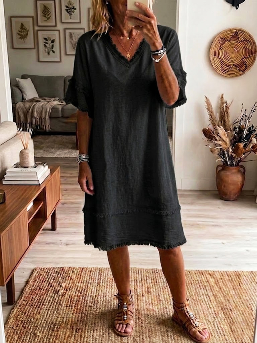Vintage Frayed Hem Cotton Linen Dress