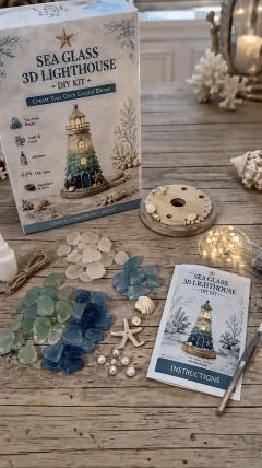 DIY sea-glass-style lighthouse kit assembly and finished glowing effect