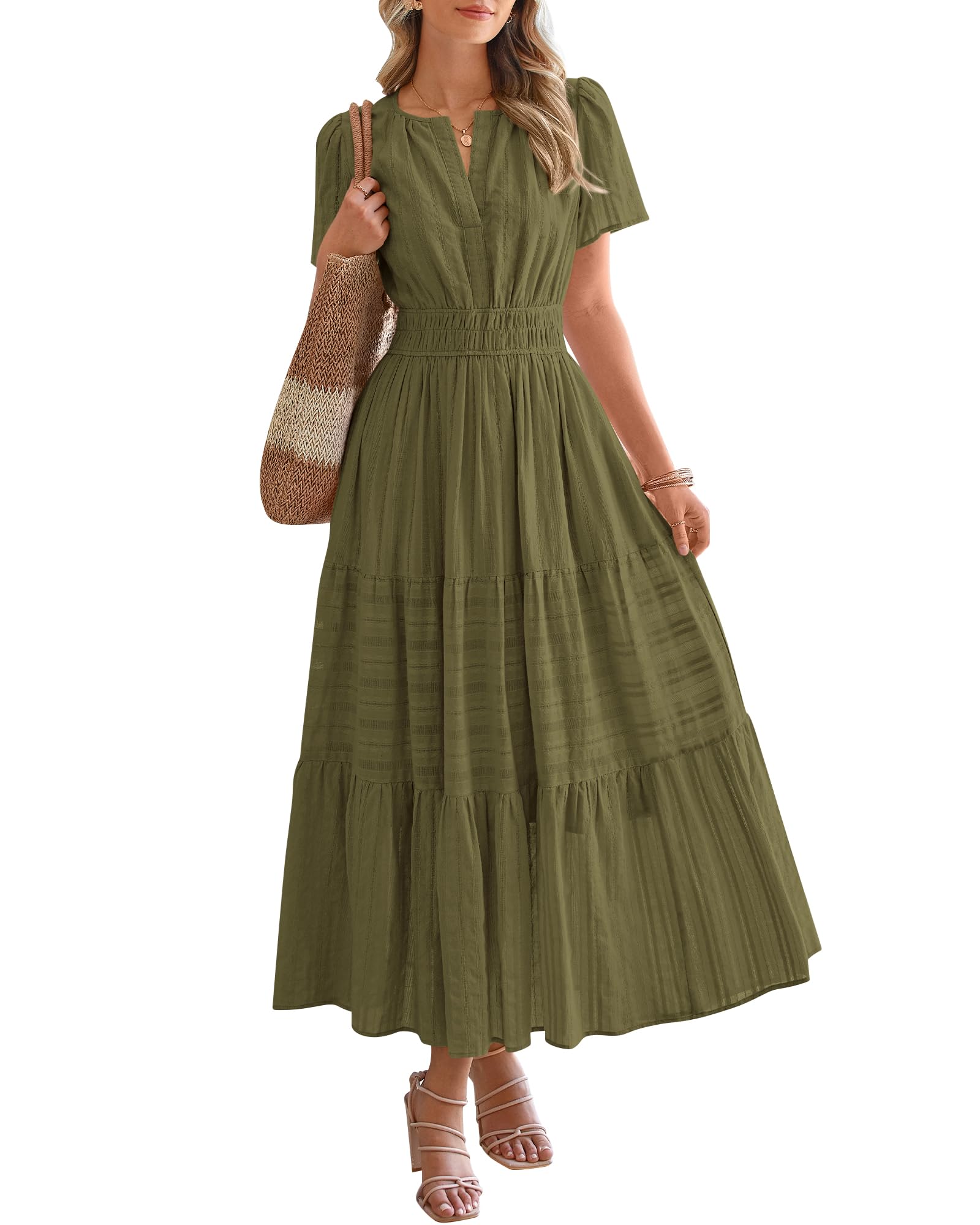 Women’s Cotton Linen V-Neck Tiered Midi Dress