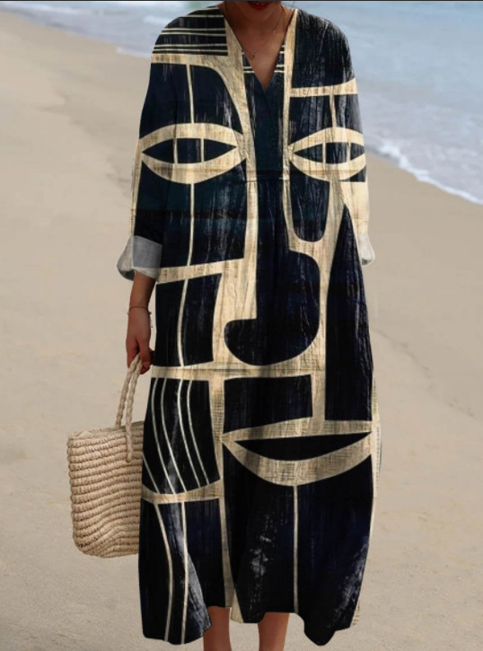 Mother's Day Gift❤️Cotton Linen Patchwork V-Neck Midi Dress