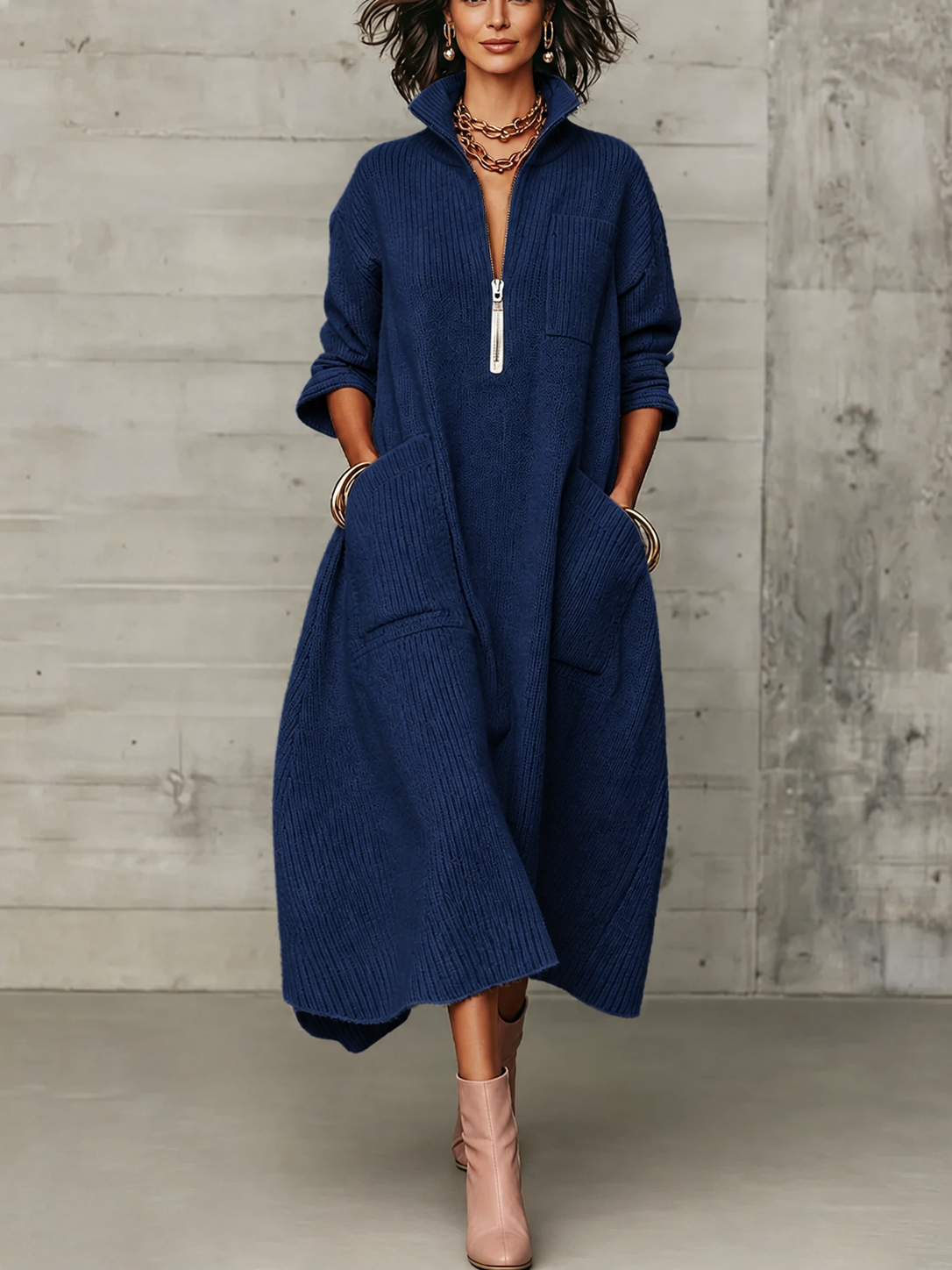 Women Half Zip Stand Collar Maxi Dress, 3/4 Sleeve Loose Long Shirt Dress with Pockets