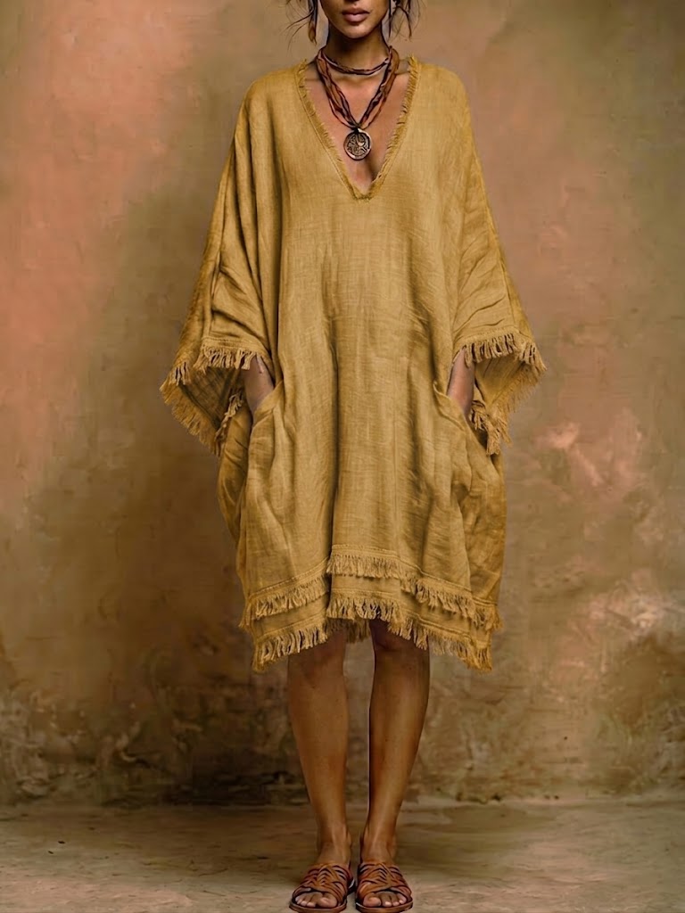 Relaxed Frayed Hem Oversized Linen Dress
