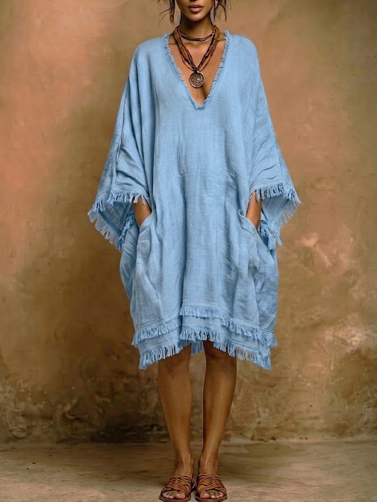 Relaxed Frayed Hem Oversized Linen Dress