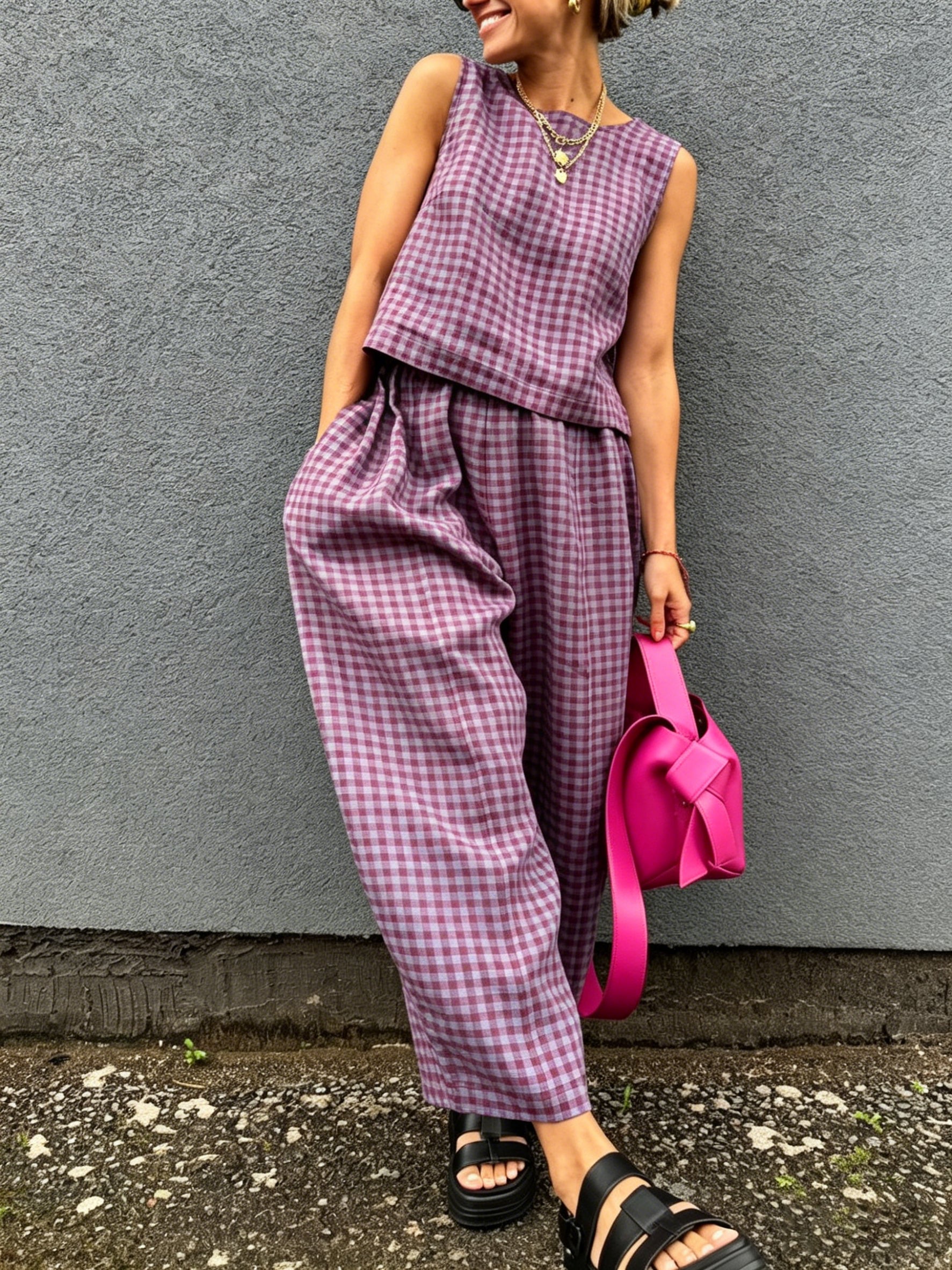 Plaid Minimal Sleeveless Two-Piece Set
