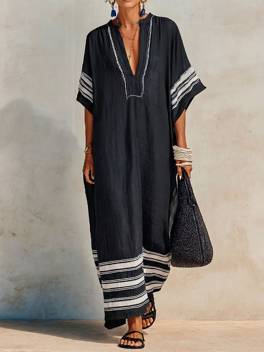 Women’s Cotton Linen Embroidered V-Neck Kaftan Dress
