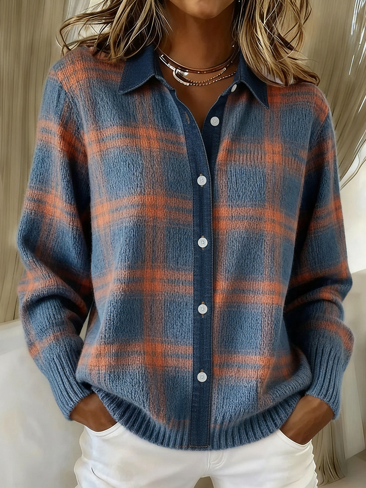 CLEARANCE SALE🔥 Denim Patchwork Contrast Plaid Polo Collar Button Cardigan Sweater