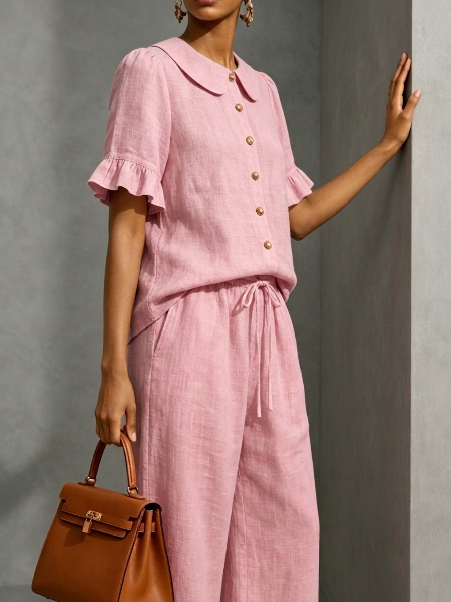 New Arrivals🔥Stylish Ruffled Shirt And Wide-leg Pant Linen Two-piece Set