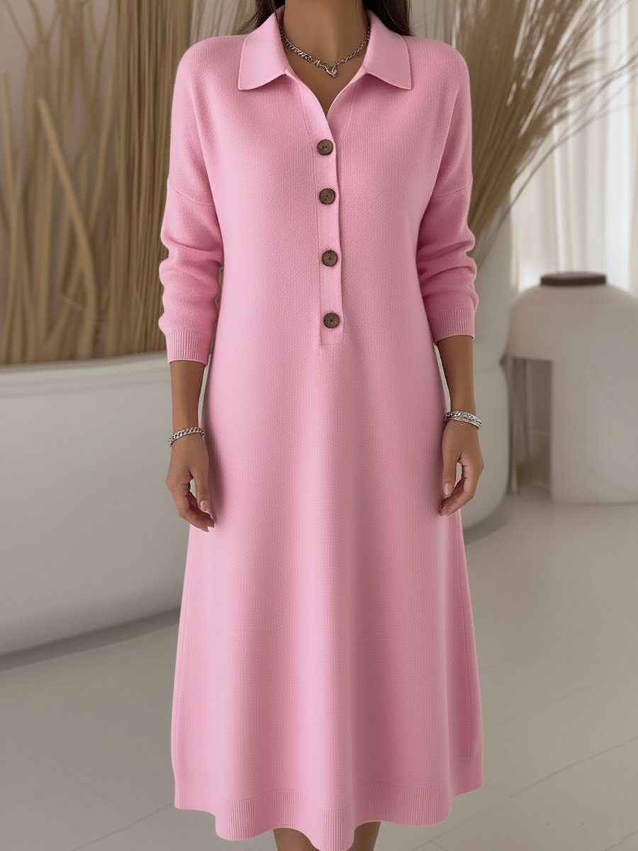 Classic Polo-Collar Button Knit Midi Dress - Pink