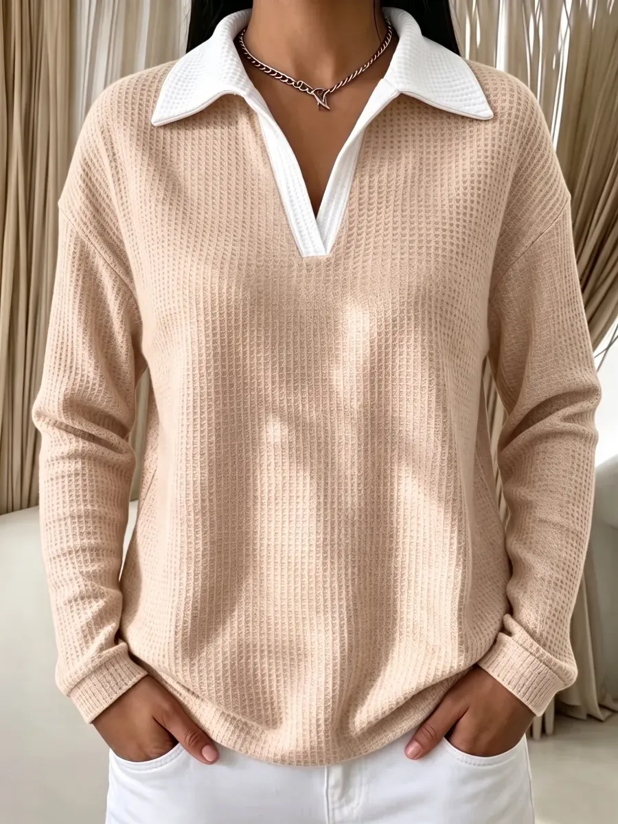 Women's contrast-collar waffle long-sleeve pullover in Camel