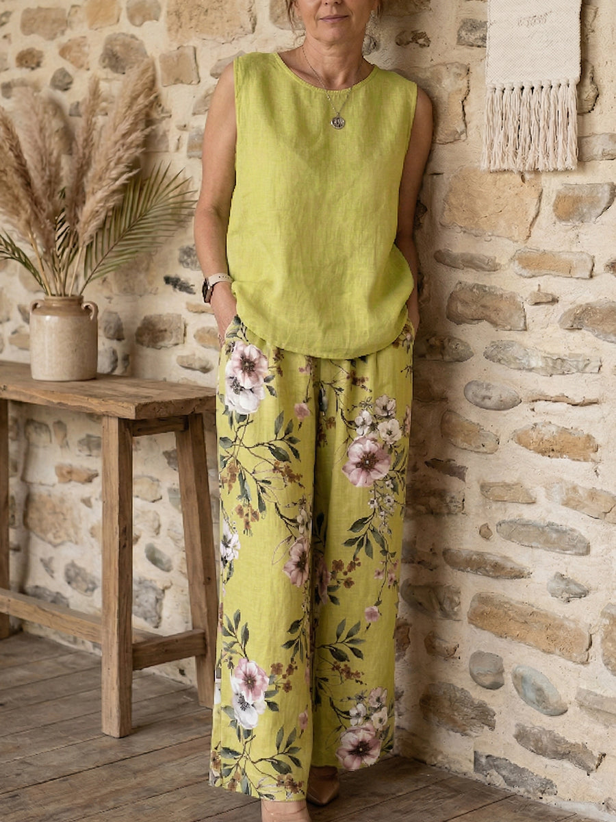 Floral Linen-Blend Relaxed Two-Piece Set