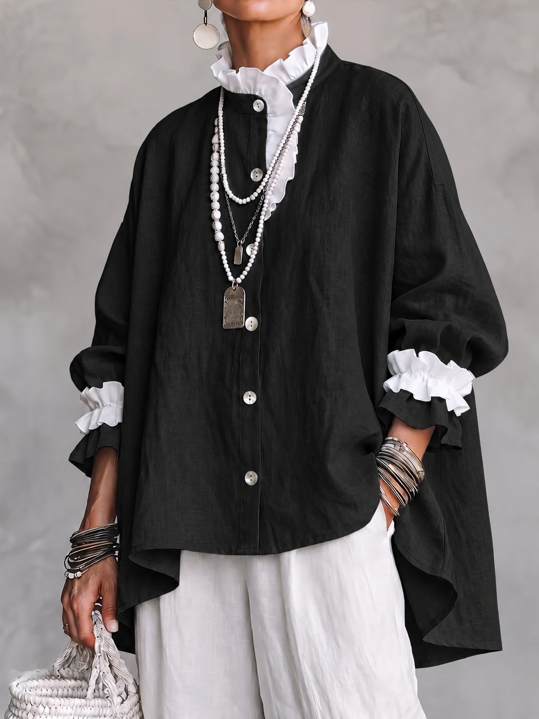 Women Ruffled Collar Linen Shirt, Long Sleeve Button Down Loose Oversized Blouse Top