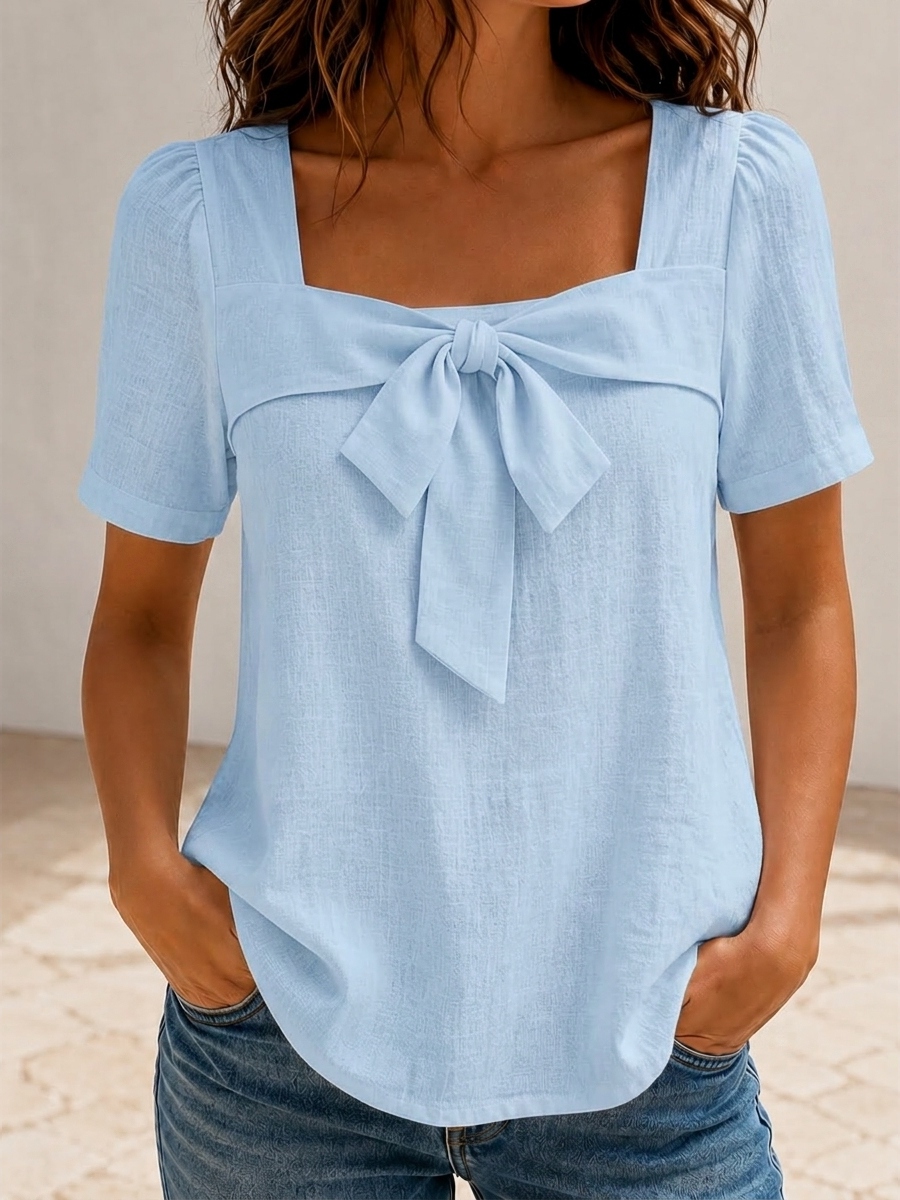 Today 49% off🔥Women’s Cotton Linen Bow Square Neck Blouse