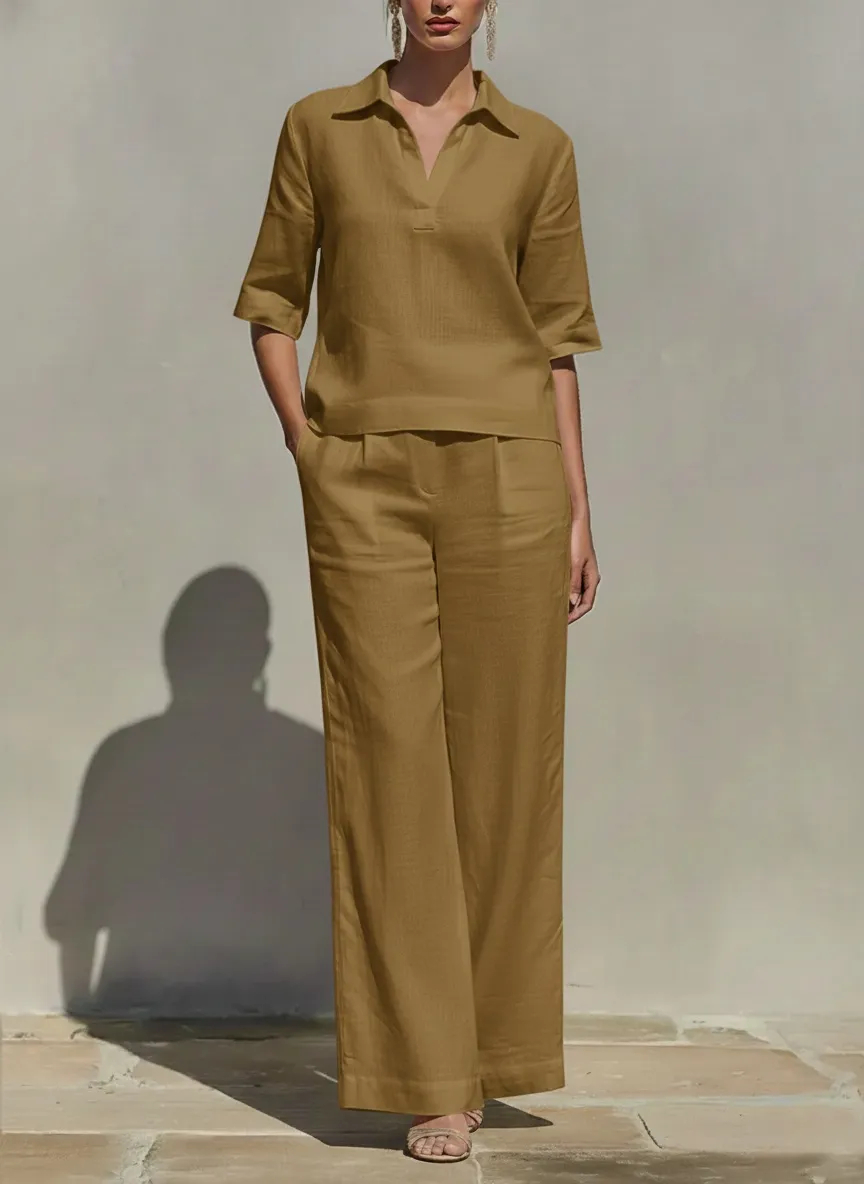 Women's Solid Cotton Linen Two-Piece Set