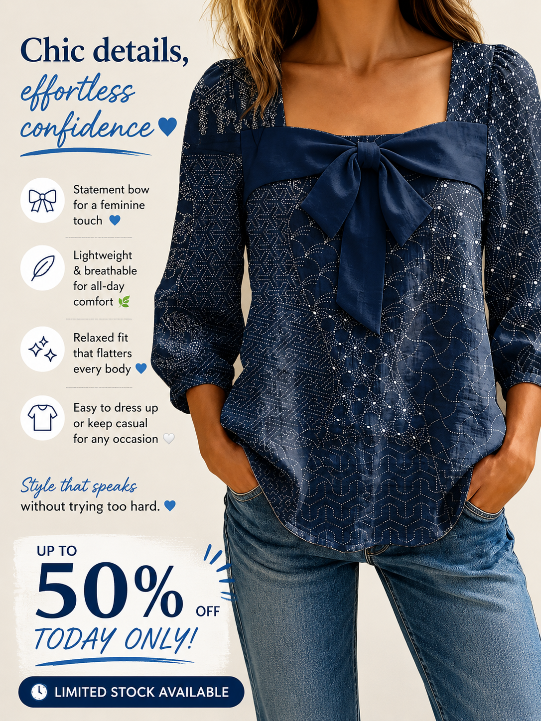 New Arrivals🔥Women’s Cotton Linen Printed Bow Square Neck Blouse
