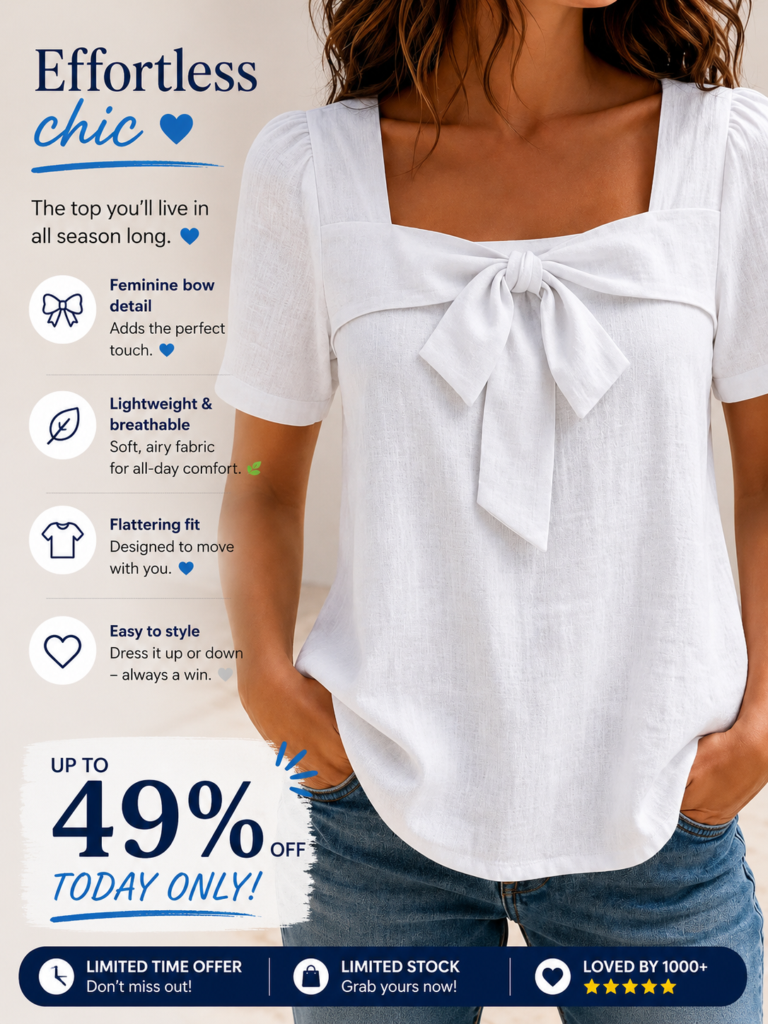 Today 49% off🔥Women’s Cotton Linen Bow Square Neck Blouse