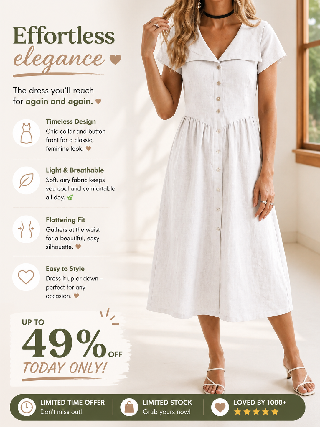 Today 49% off🔥Women’s Cotton Linen Button-Up Midi Shirt Dress