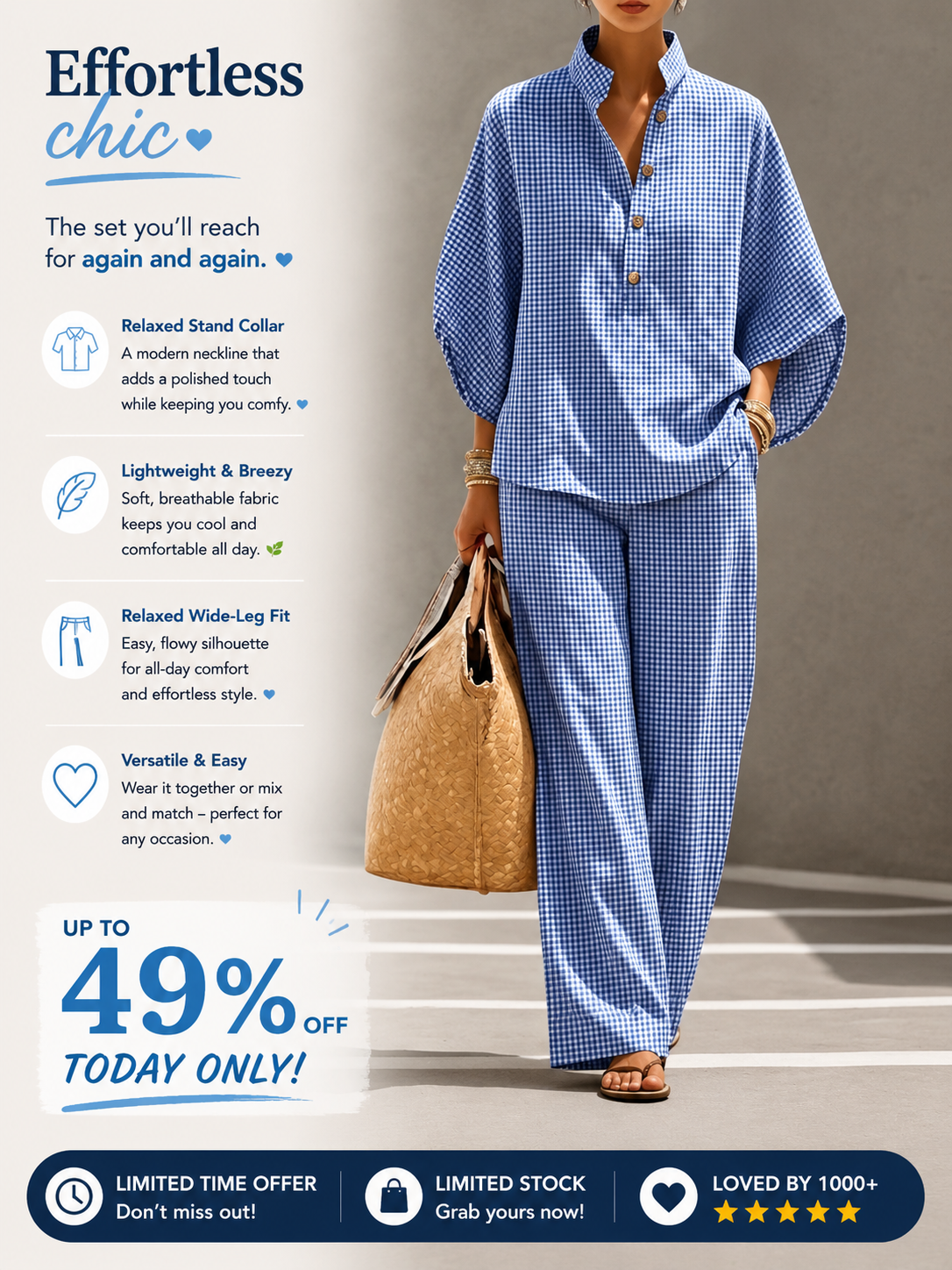 Limited-Time Offer: 49% OFF🔥Women’s Cotton Linen Gingham Henley Two-Piece Set