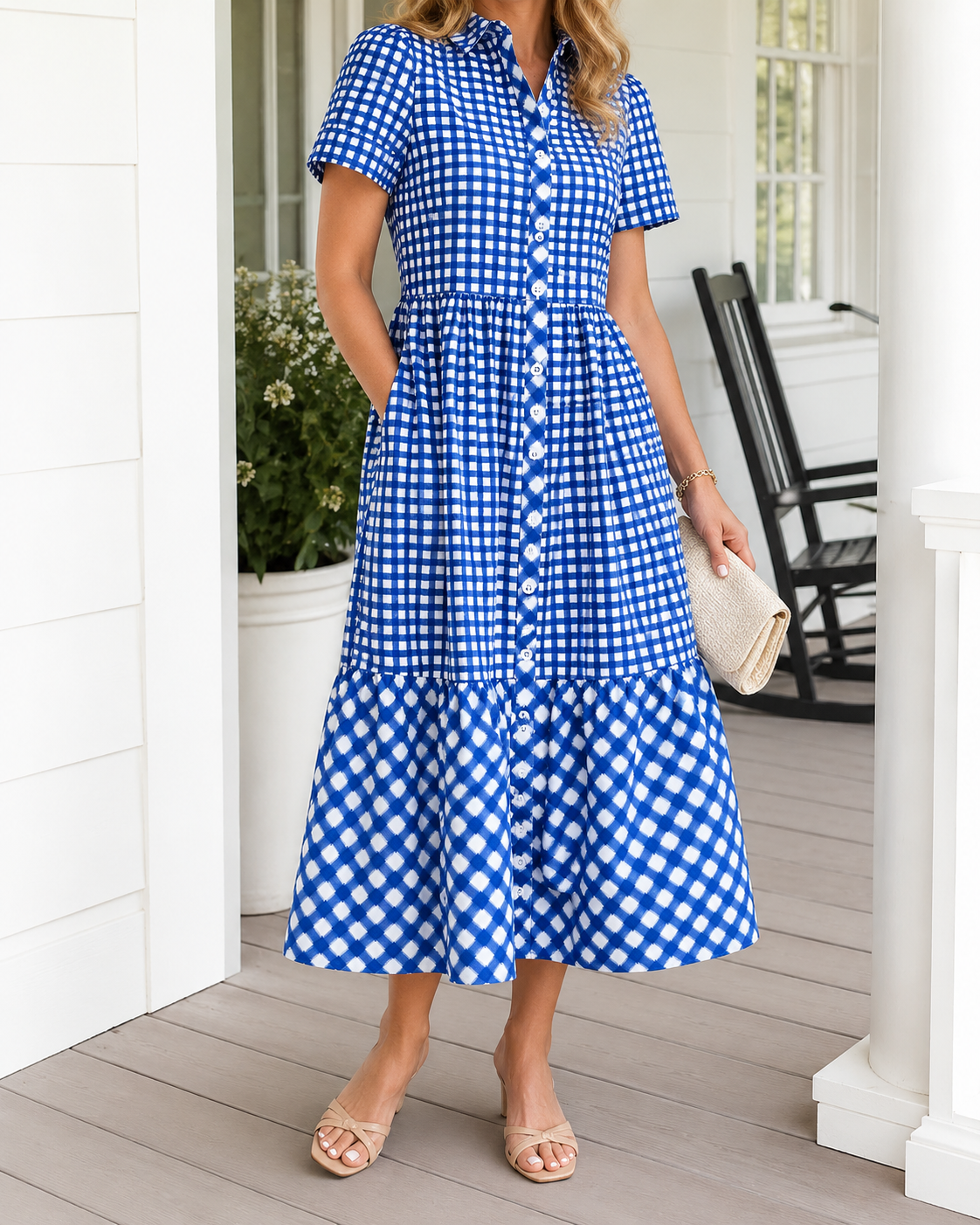 Today 49% off🔥Women’s Cotton Blend Gingham Button-Up Midi Dress And Tops
