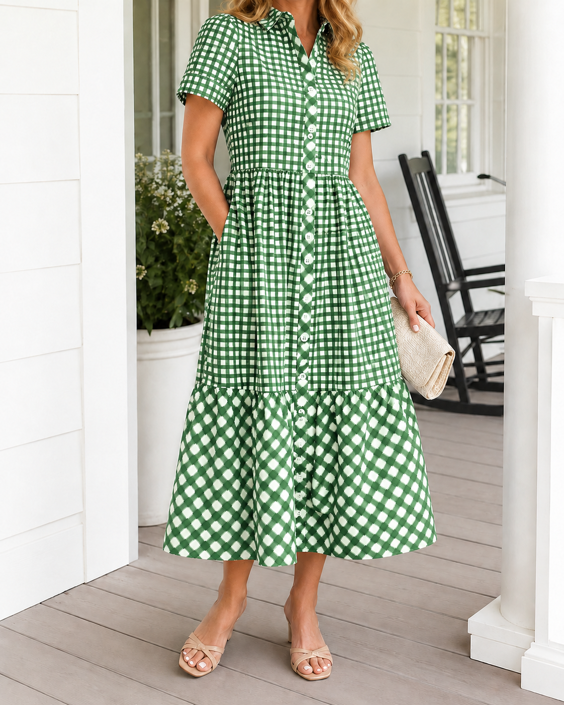 Today 49% off🔥Women’s Cotton Blend Gingham Button-Up Midi Dress And Tops