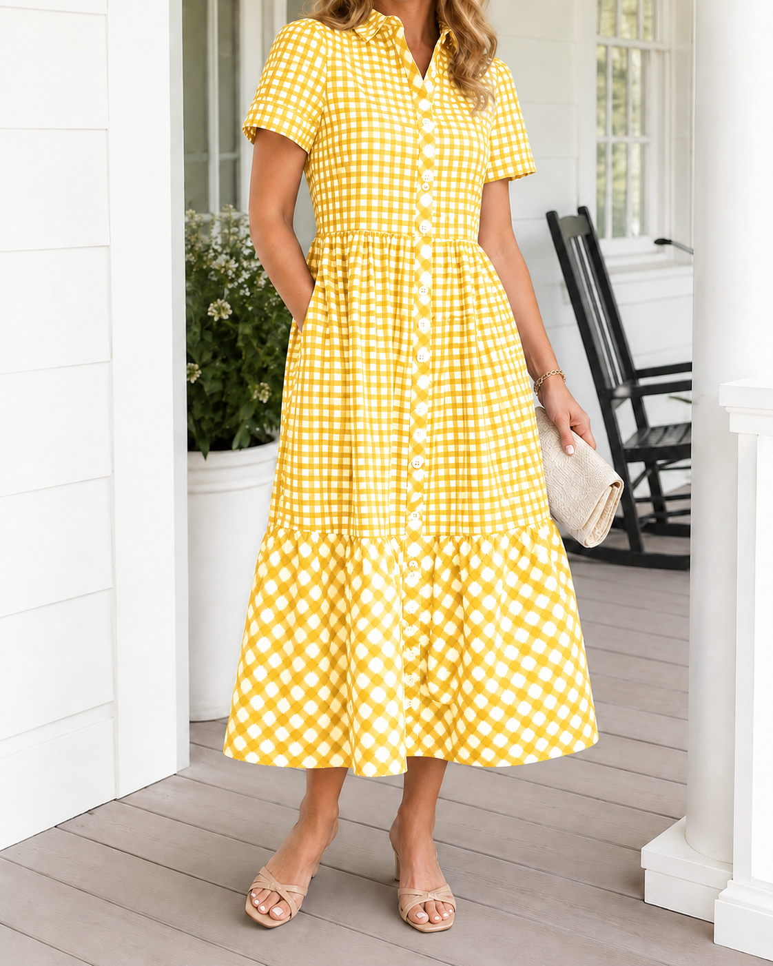 Today 49% off🔥Women’s Cotton Blend Gingham Button-Up Midi Dress And Tops