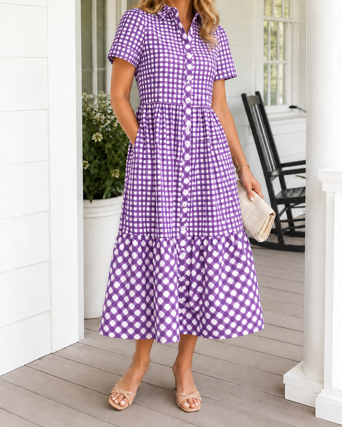 Today 49% off🔥Women’s Cotton Blend Gingham Button-Up Midi Dress And Tops