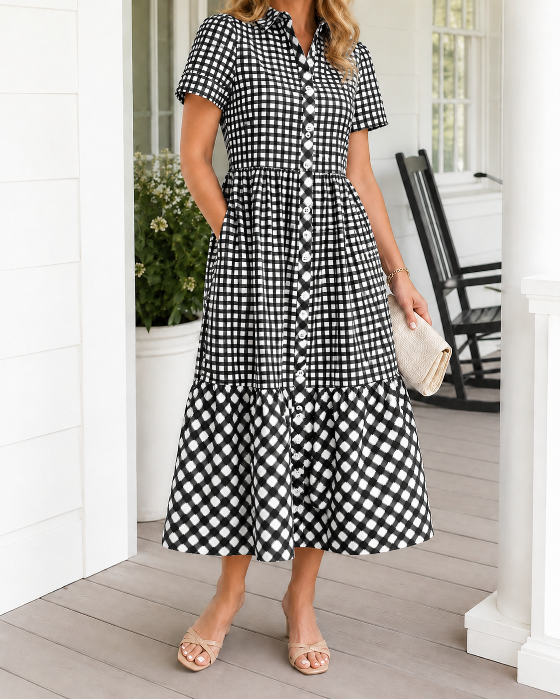 Today 49% off🔥Women’s Cotton Blend Gingham Button-Up Midi Dress And Tops