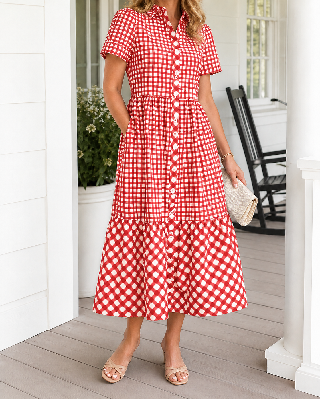 Today 49% off🔥Women’s Cotton Blend Gingham Button-Up Midi Dress And Tops