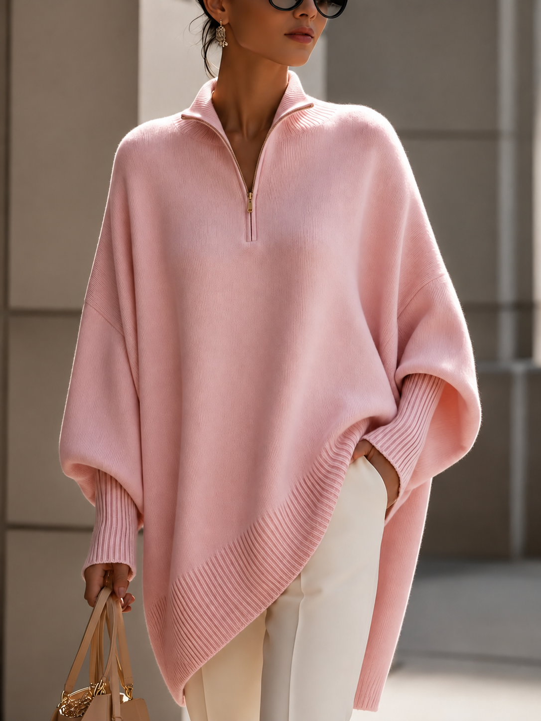 Women's Oversized Quarter-Zip Knit Poncho Sweater