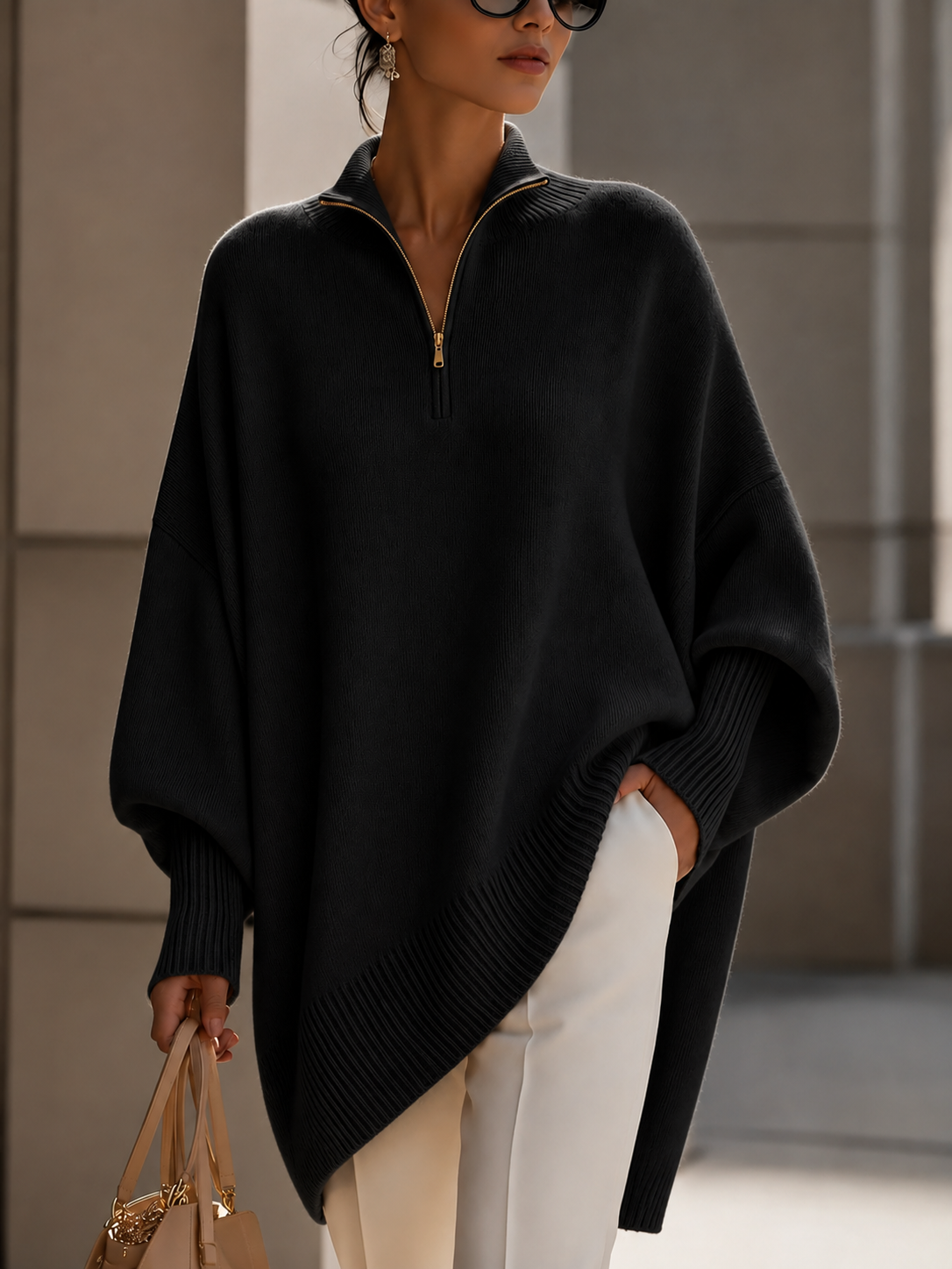 Women's Oversized Quarter-Zip Knit Poncho Sweater