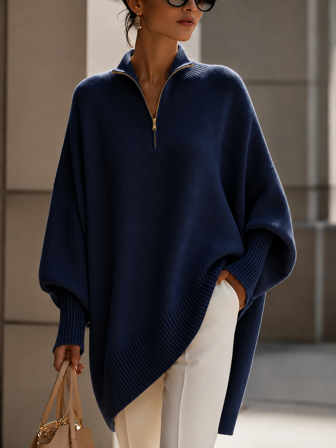 Women's Oversized Quarter-Zip Knit Poncho Sweater