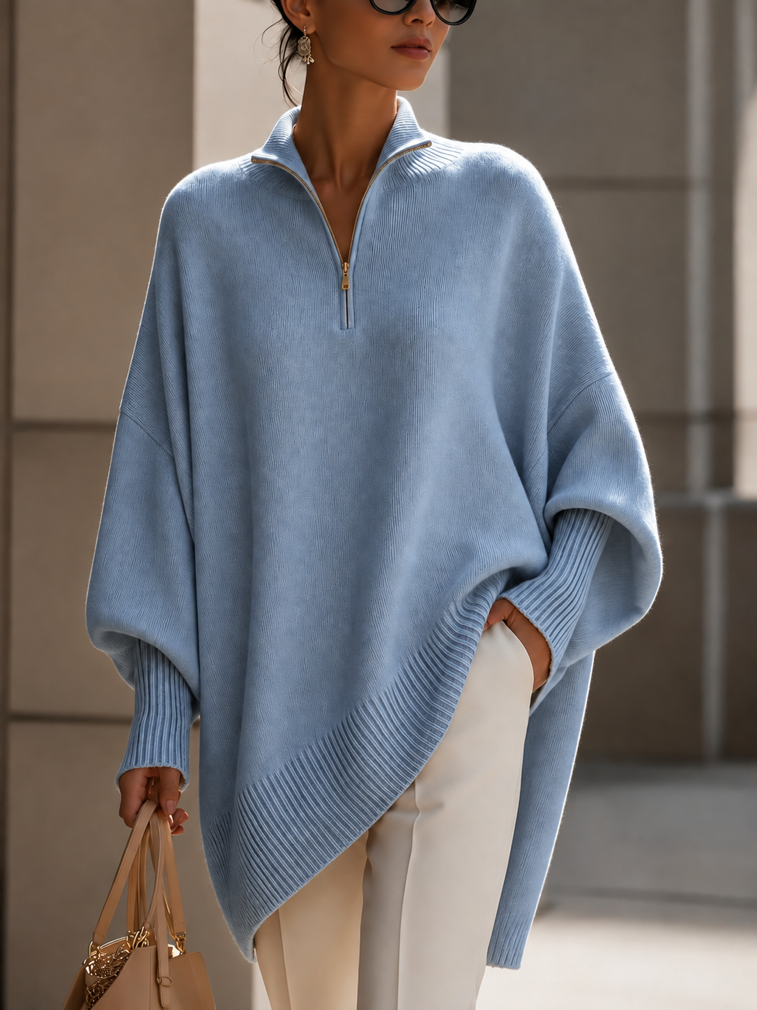 Women's Oversized Quarter-Zip Knit Poncho Sweater