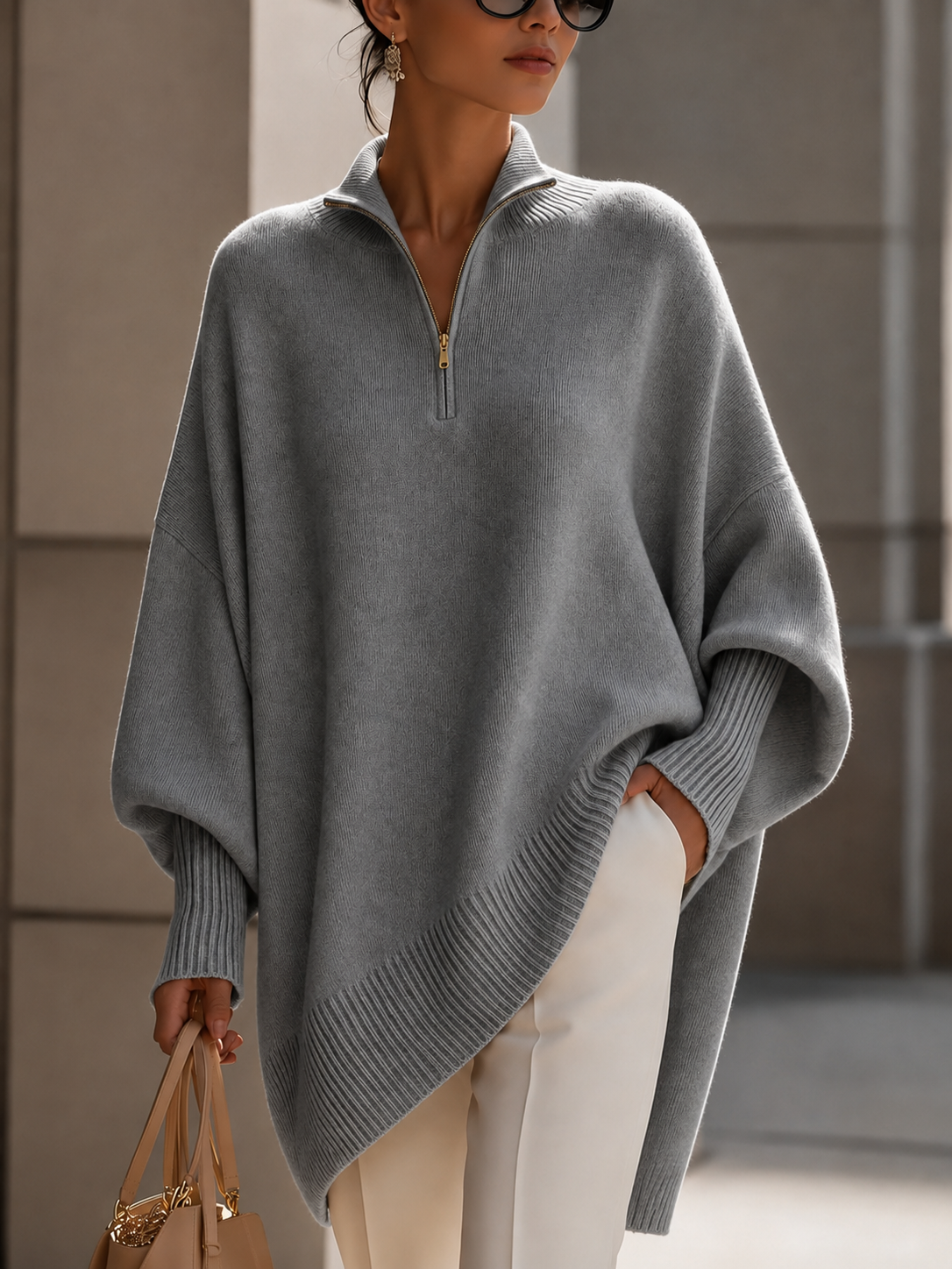 Women's Oversized Quarter-Zip Knit Poncho Sweater