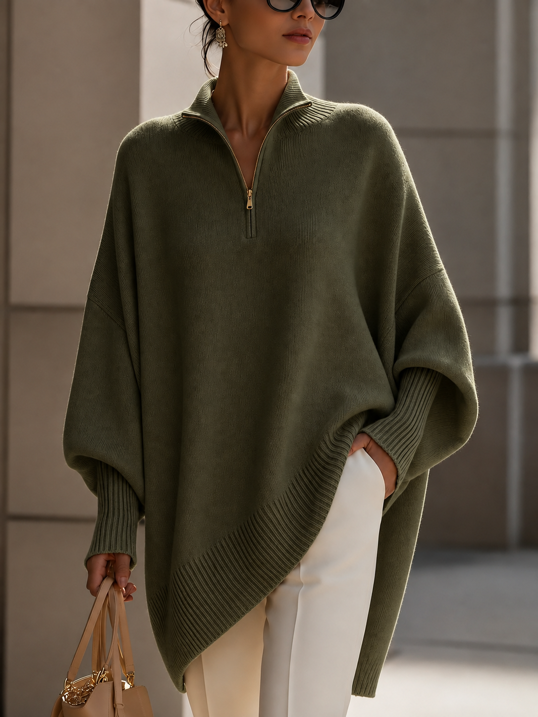 Women's Oversized Quarter-Zip Knit Poncho Sweater