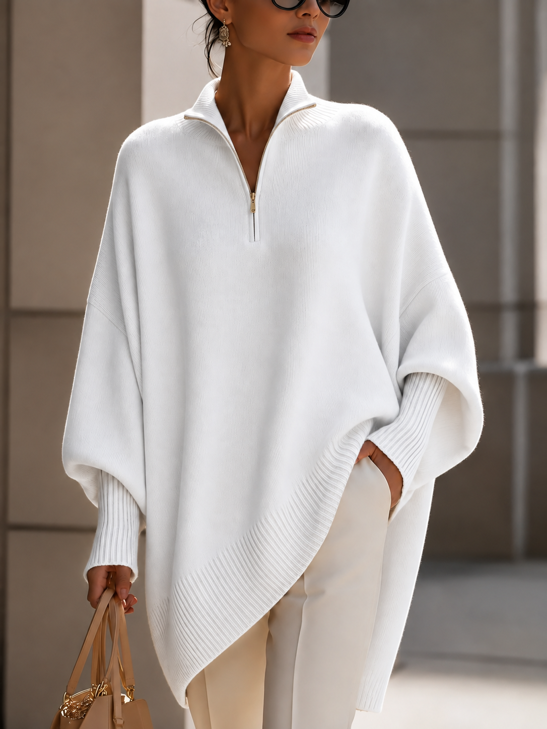 Women's Oversized Quarter-Zip Knit Poncho Sweater