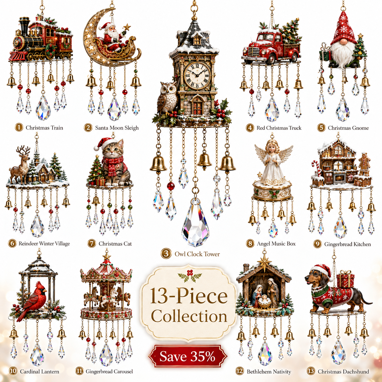 Christmas Crystal Wind Chime – Individual Styles & Complete 13-Piece Collection
