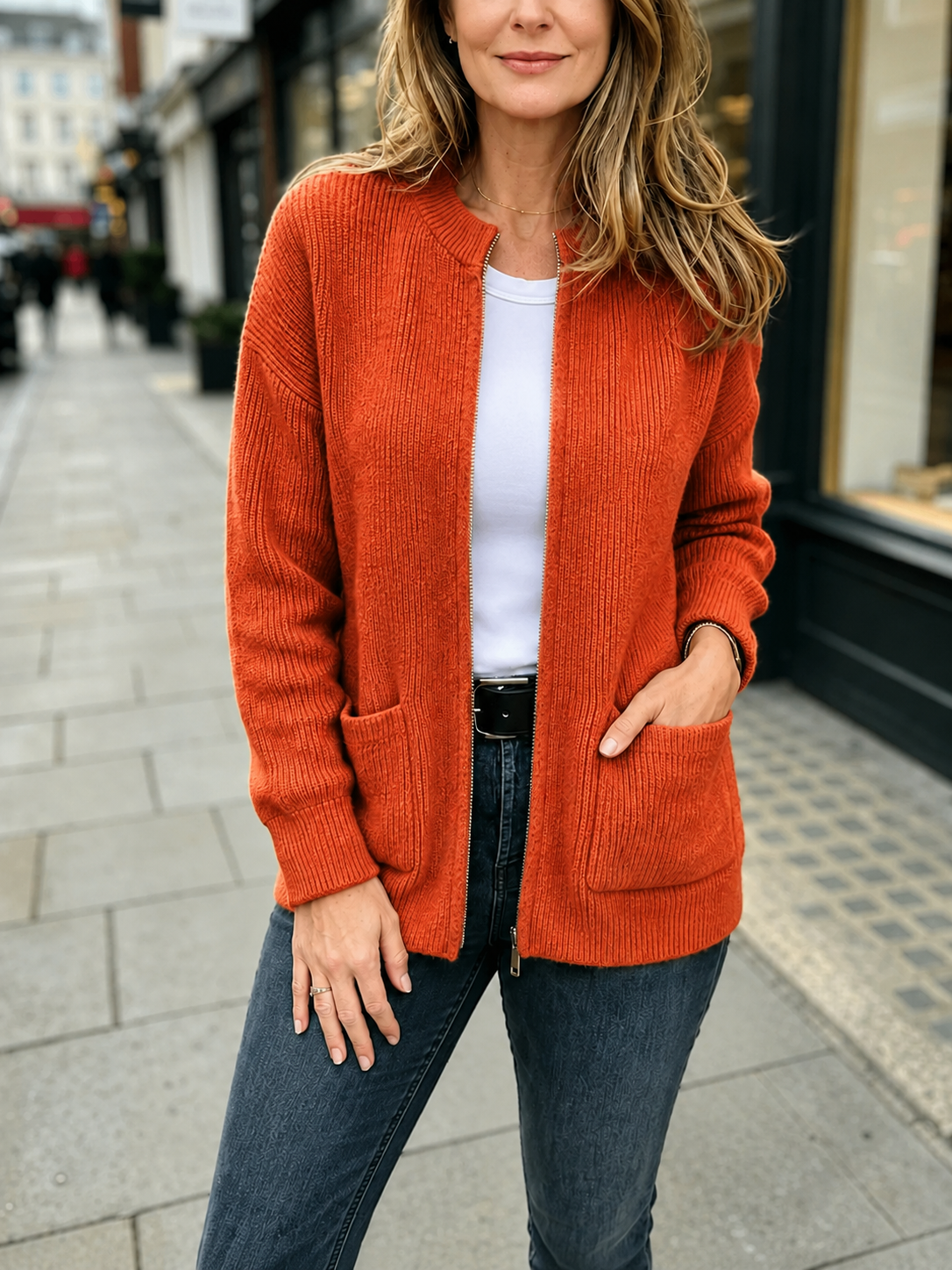 Everyday Ease™ Zip-Front Ribbed Knit Wool Cardigan