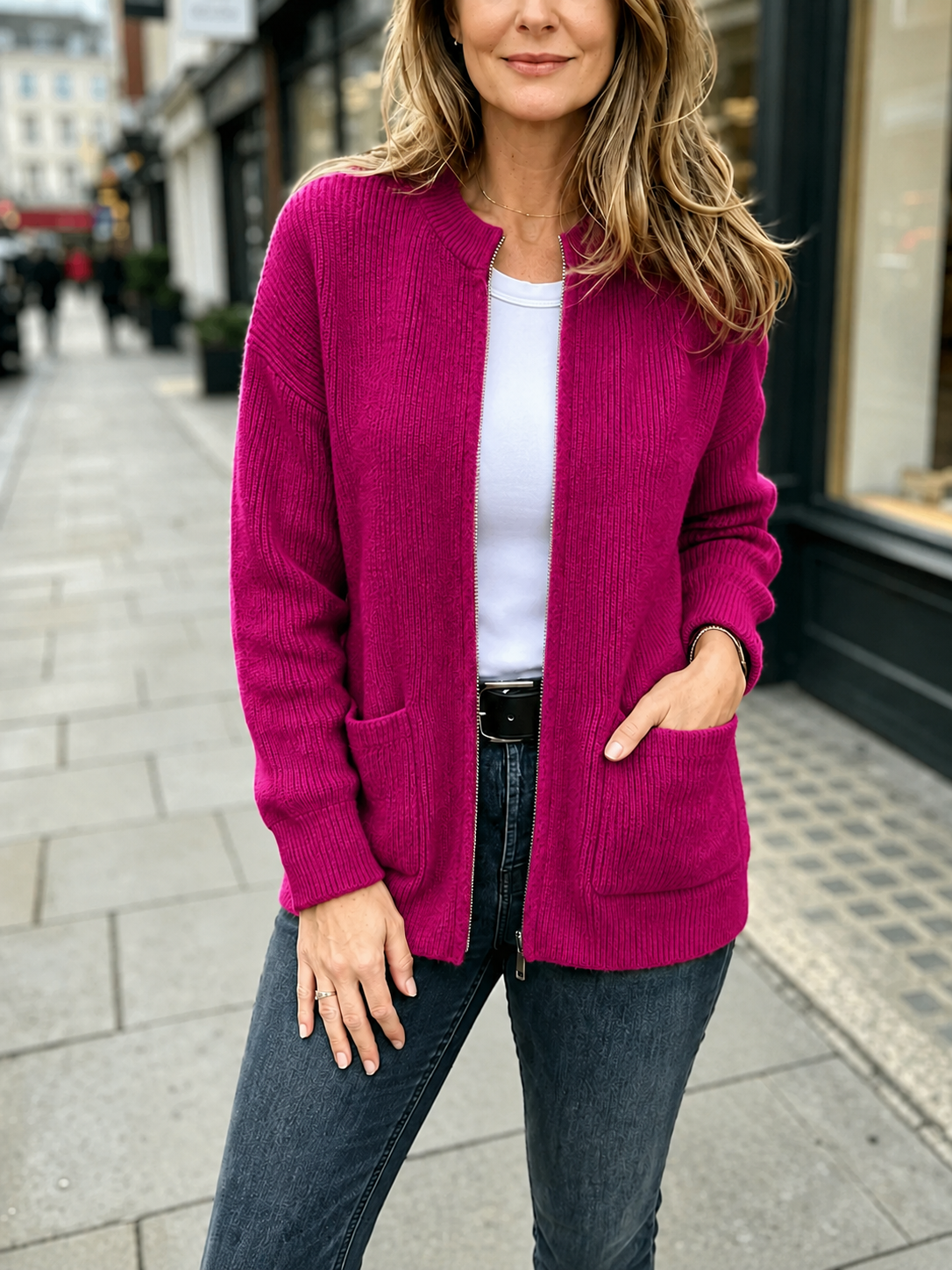 Everyday Ease™ Zip-Front Ribbed Knit Wool Cardigan
