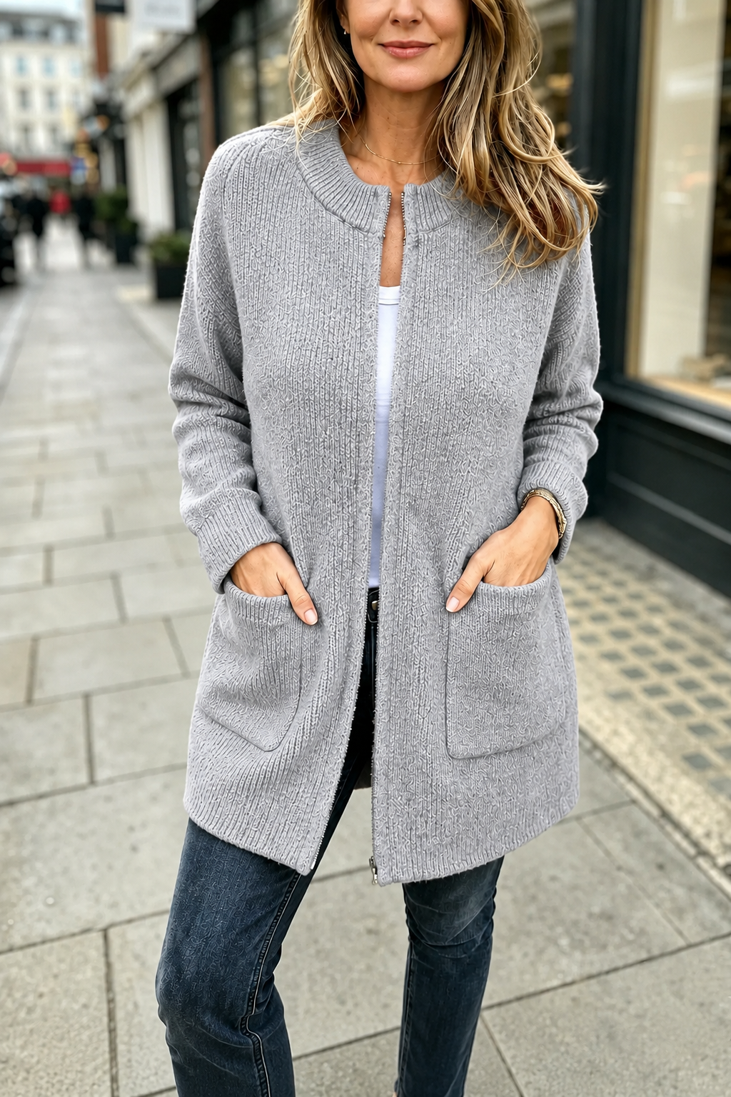 City Comfort™ Longline Zip Knit Wool Cardigan