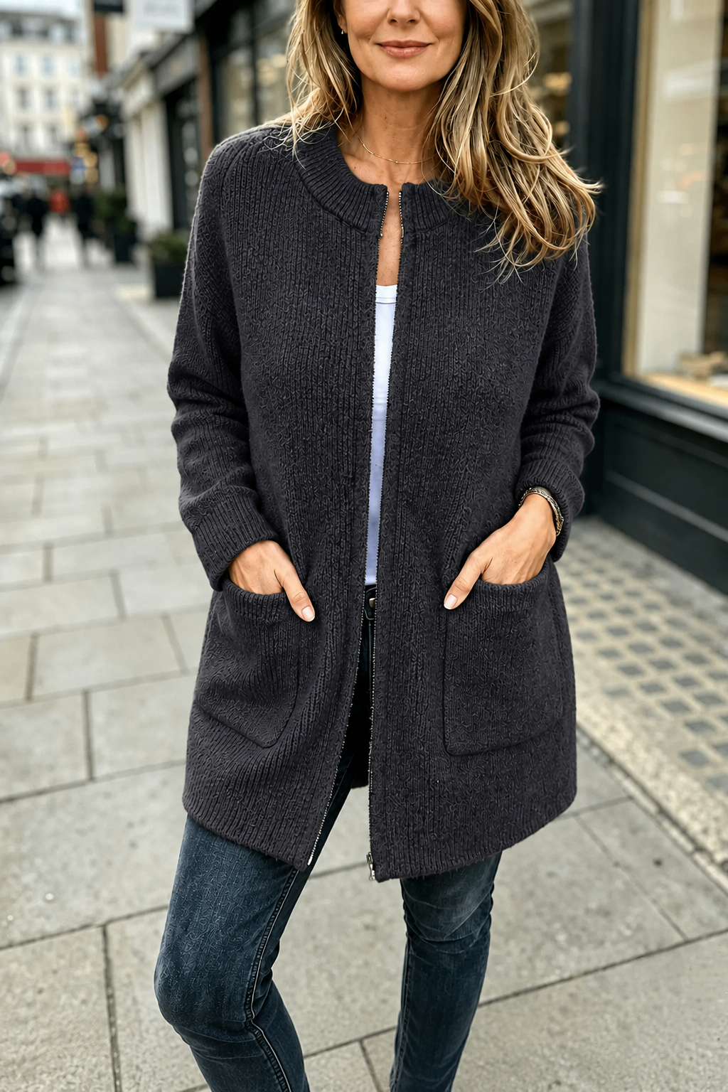 City Comfort™ Longline Zip Knit Wool Cardigan
