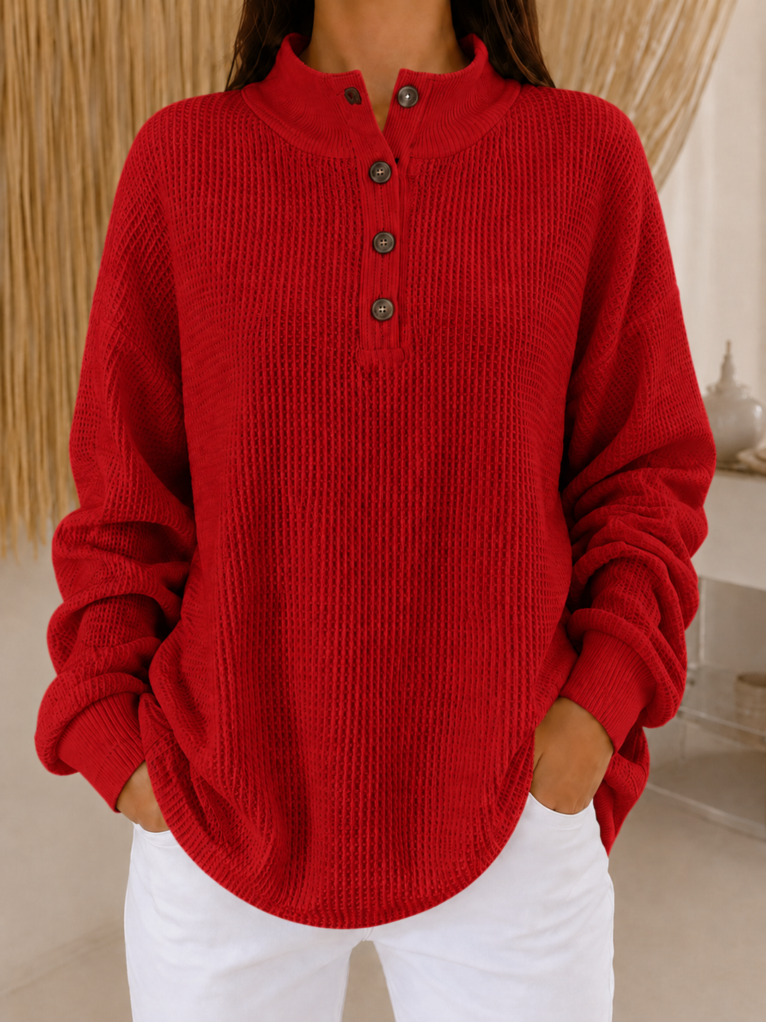 New Arrival🔥 Women’s Waffle Knit Button Neck Pullover