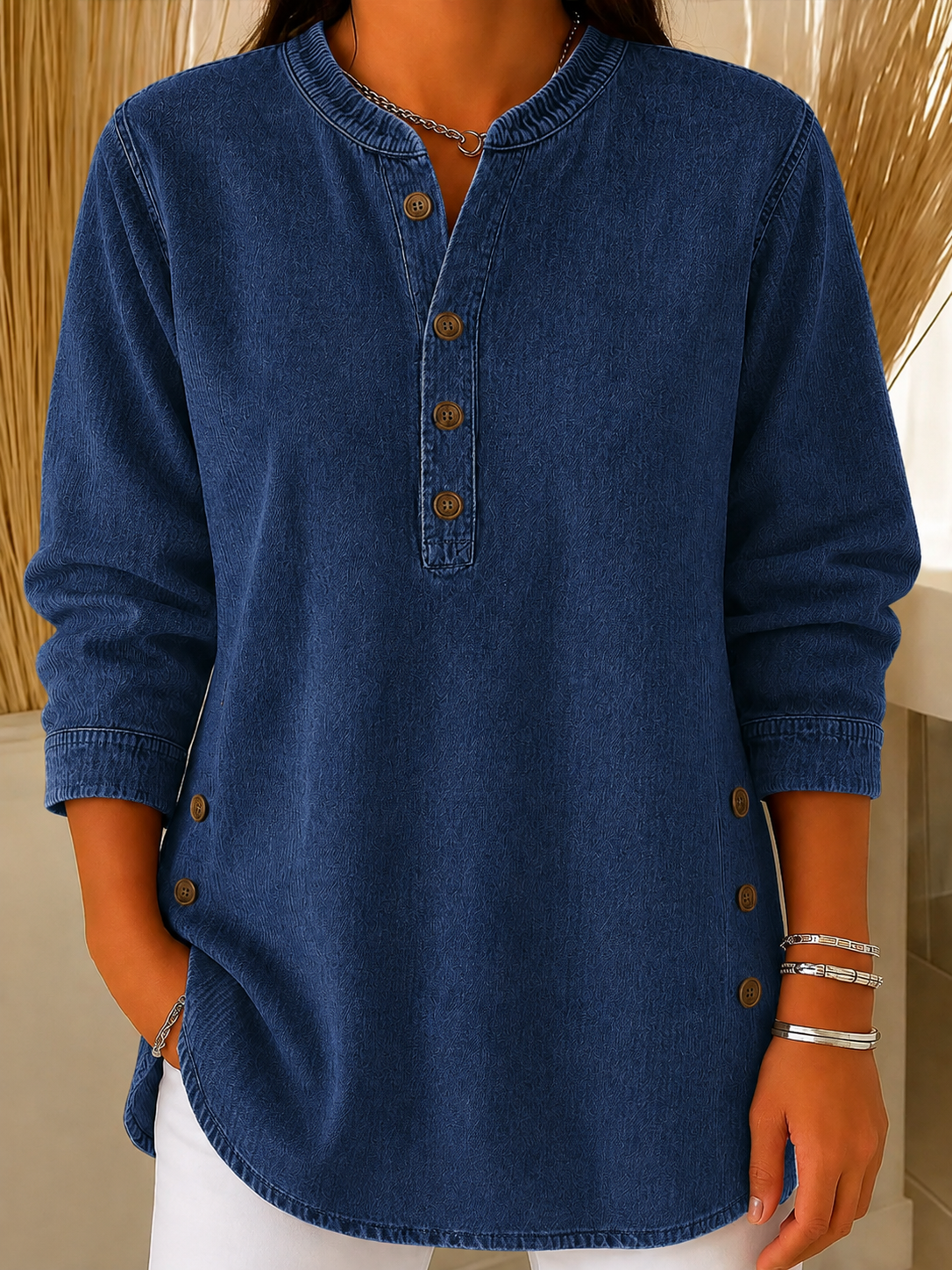 Women’s Denim Washed Chambray Button Tunic Top