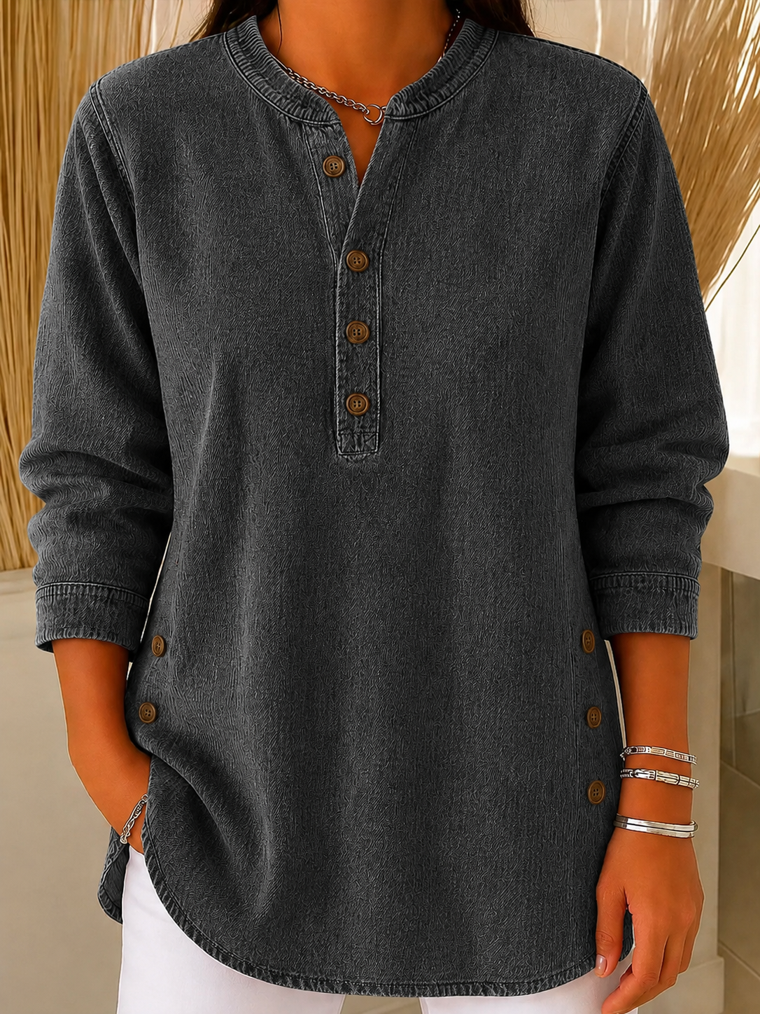 Women’s Denim Washed Chambray Button Tunic Top