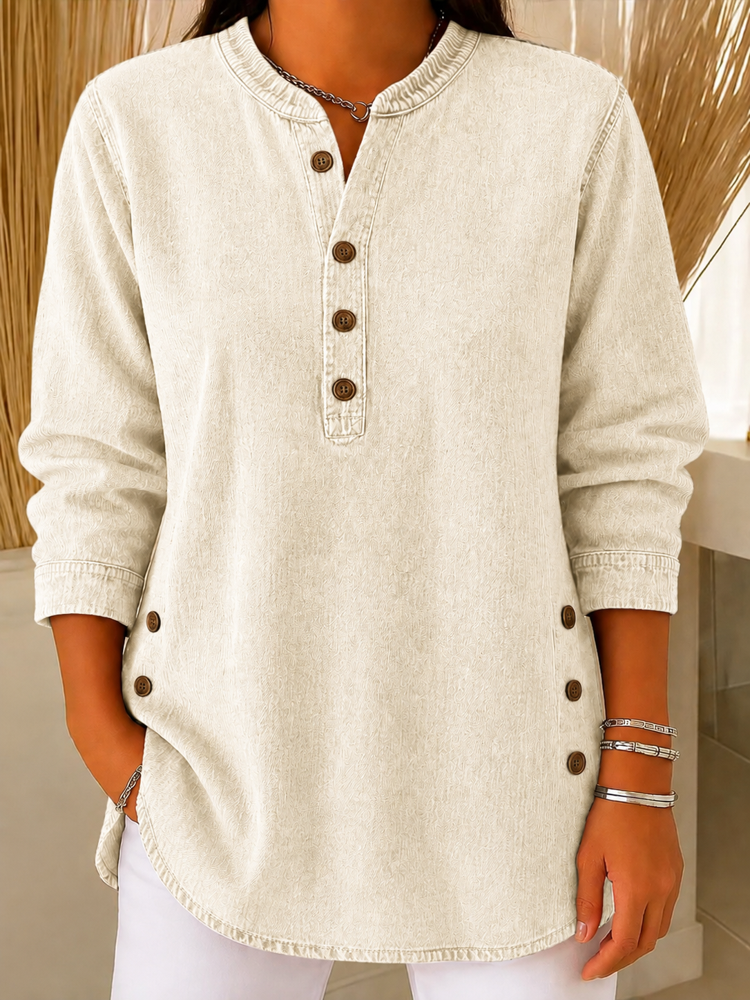 Women’s Denim Washed Chambray Button Tunic Top