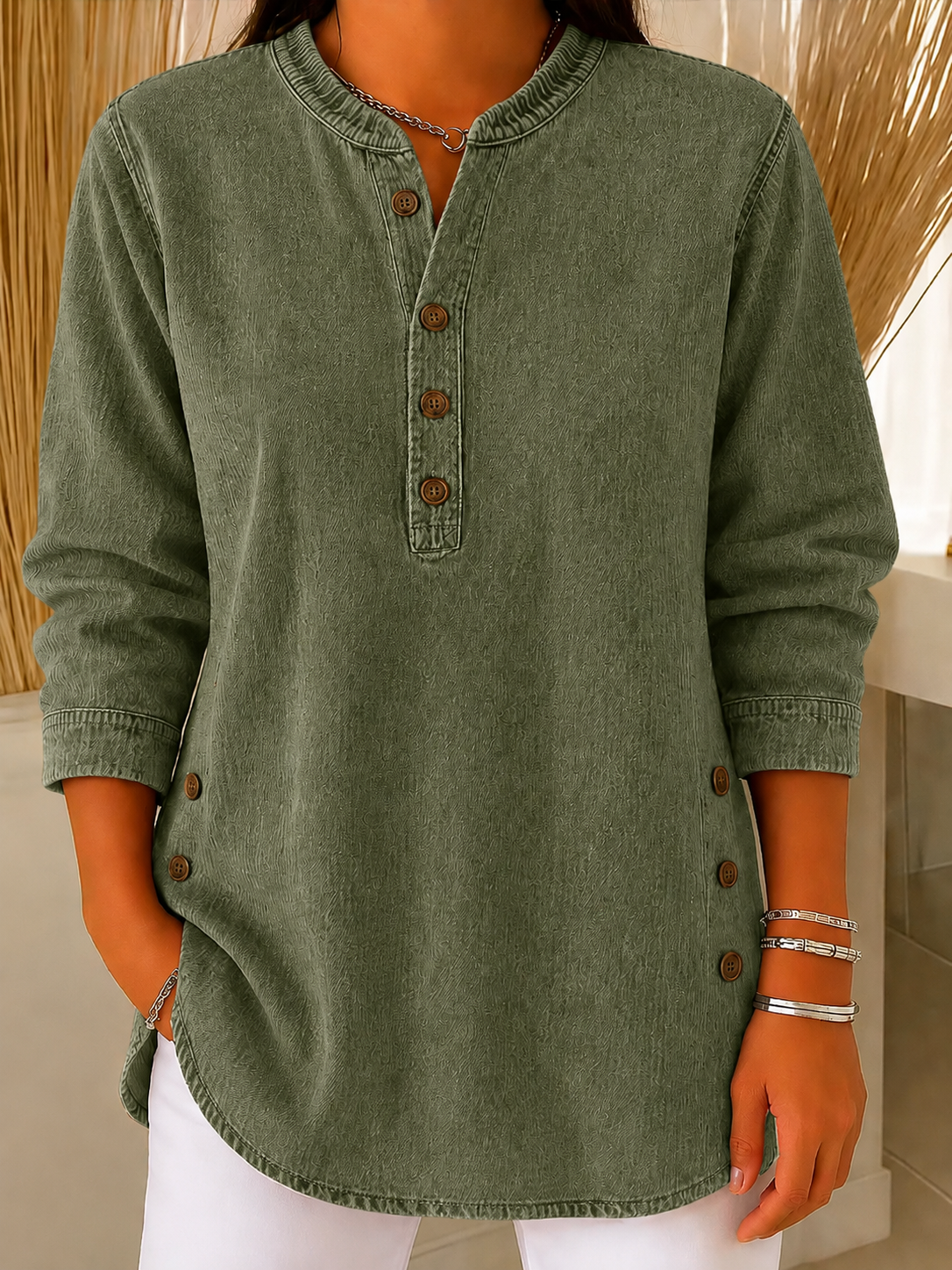 Women’s Denim Washed Chambray Button Tunic Top