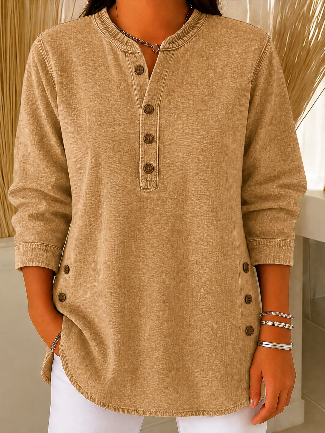 Women’s Denim Washed Chambray Button Tunic Top