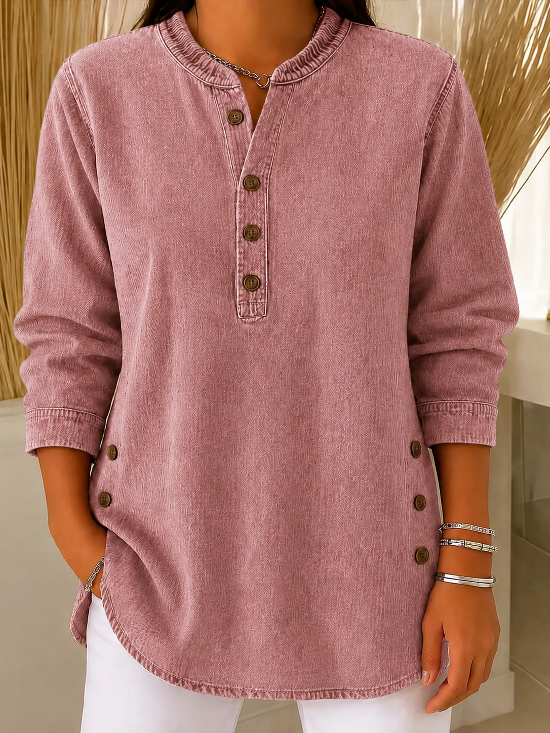 Women’s Denim Washed Chambray Button Tunic Top
