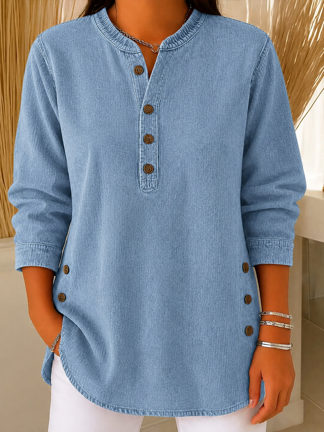Women’s Denim Washed Chambray Button Tunic Top